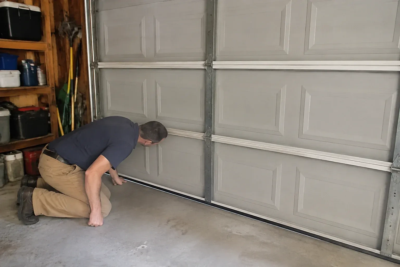 Person kneeling with a hand at the base of a gray paneled door that has a black strip along its bottom. — Garage Door Perimeter Weatherstrip, Oshawa
