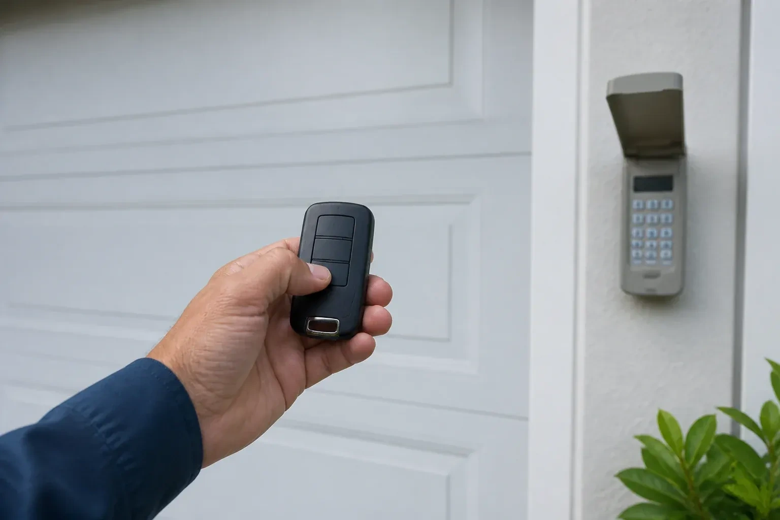 Hand holding a black three-button remote in front of a white paneled door, with a wall keypad and open cover at right. — Garage Door Remote and Keypad Programming, Oshawa