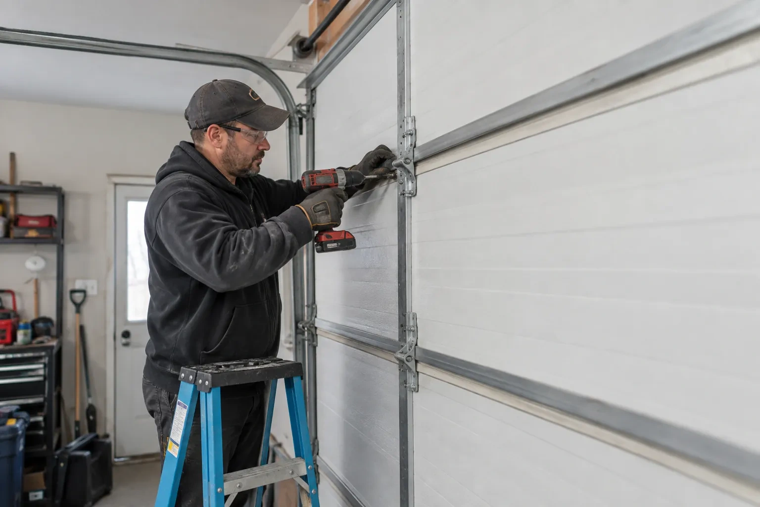 Technician on a blue ladder using a red cordless drill at a steel hinge on a white sectional garage door.