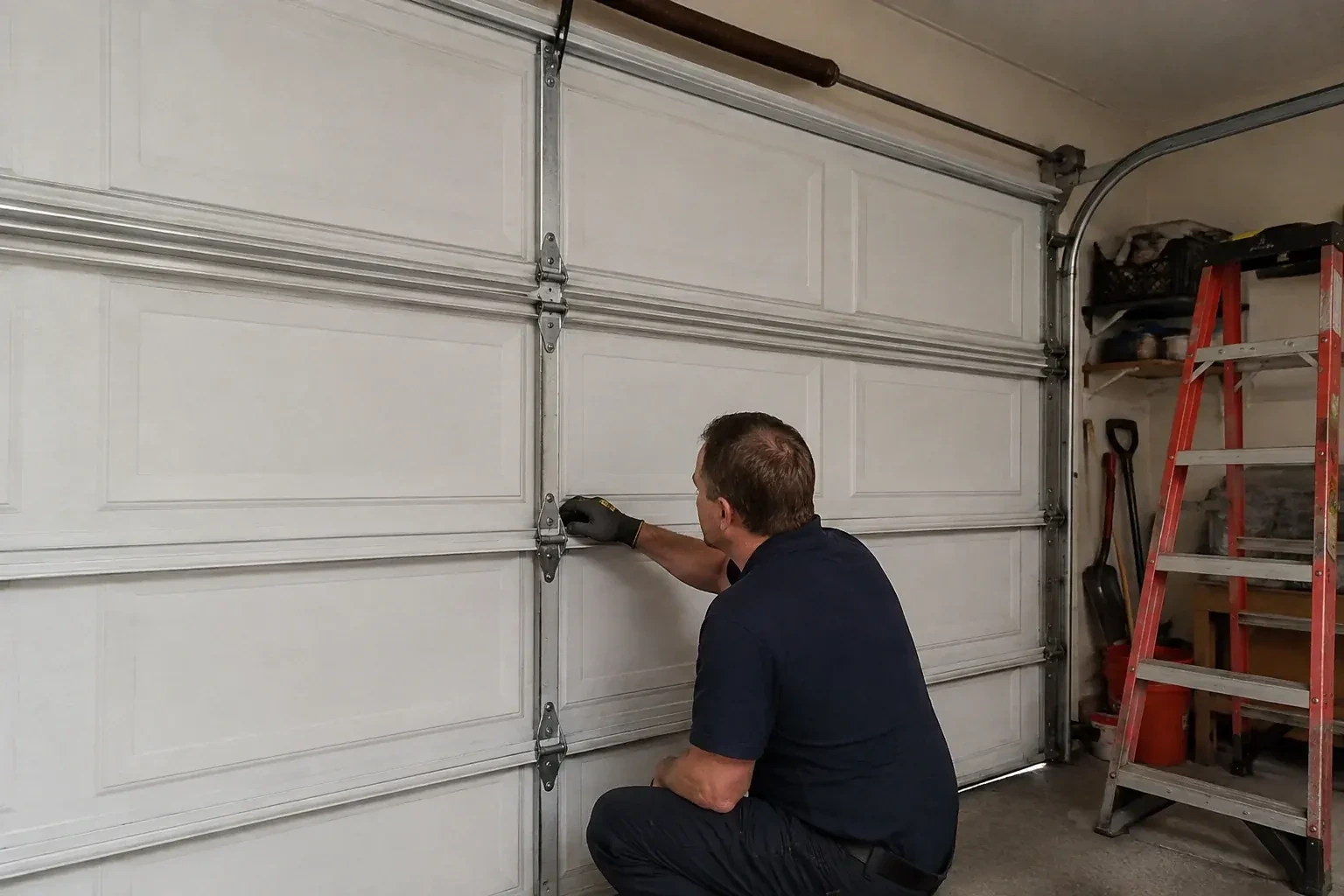 A person examines a central hinge joining two sections of a closed garage door. — Garage Door Hinge Replacement, Oshawa