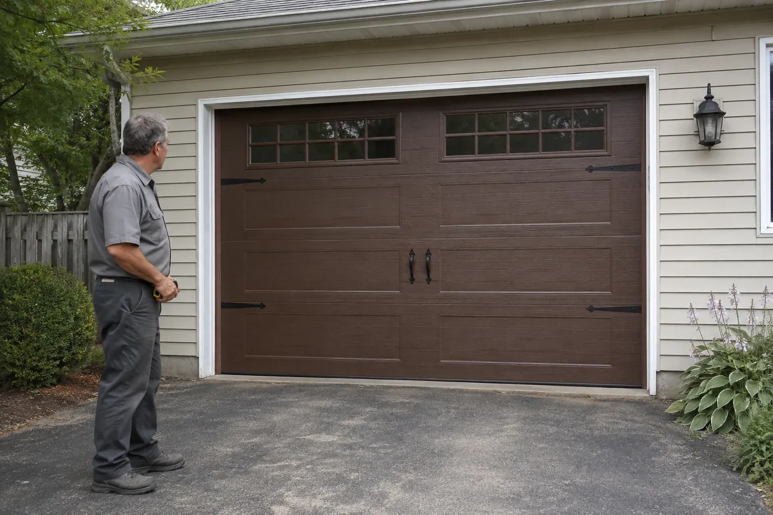 A person stands beside a closed brown garage door with upper windows and black decorative straps and handles. — Carriage-House Garage Door Installation, Oshawa