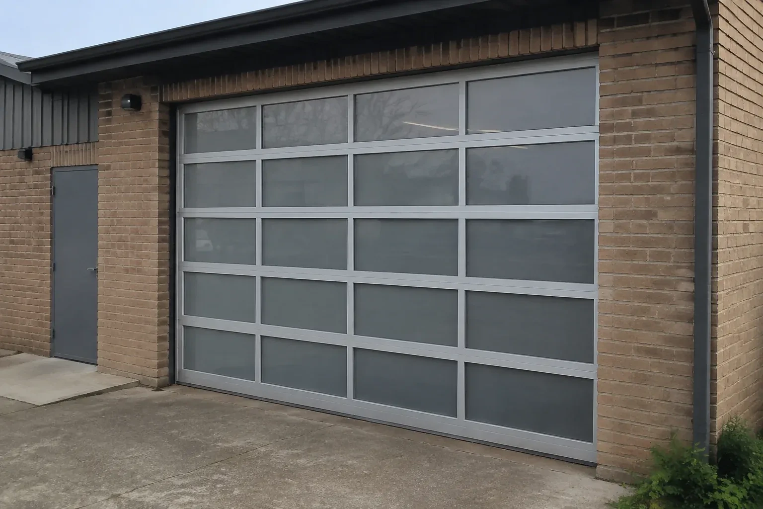 Closed glazed sectional door in a grey metal frame at a brick workshop. — Full-View Glass Garage Door Installation, Oshawa