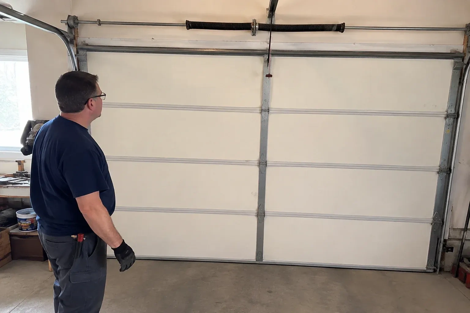Person in a dark shirt standing before a closed cream sectional door, looking up at a coiled spring and red-tipped cord. — Off-Track Garage Door Reset, Oshawa
