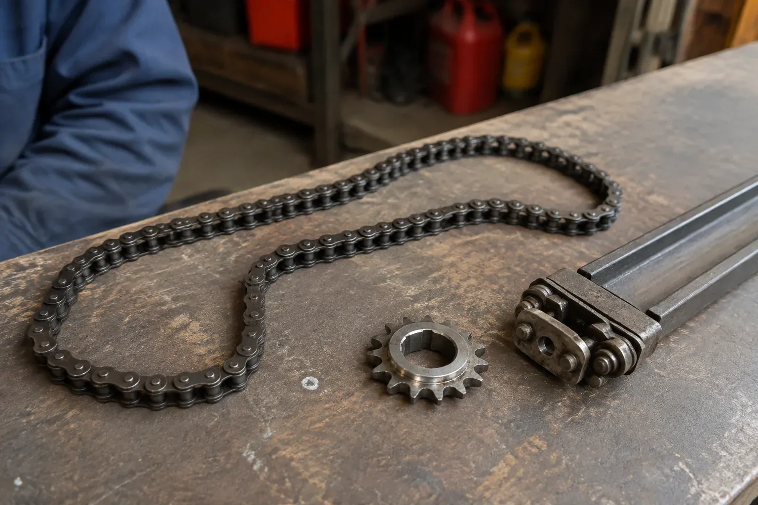 A detached metal roller chain, toothed sprocket and rail component rest on a worn garage workbench. — Chain-Drive Opener Repair, Oshawa