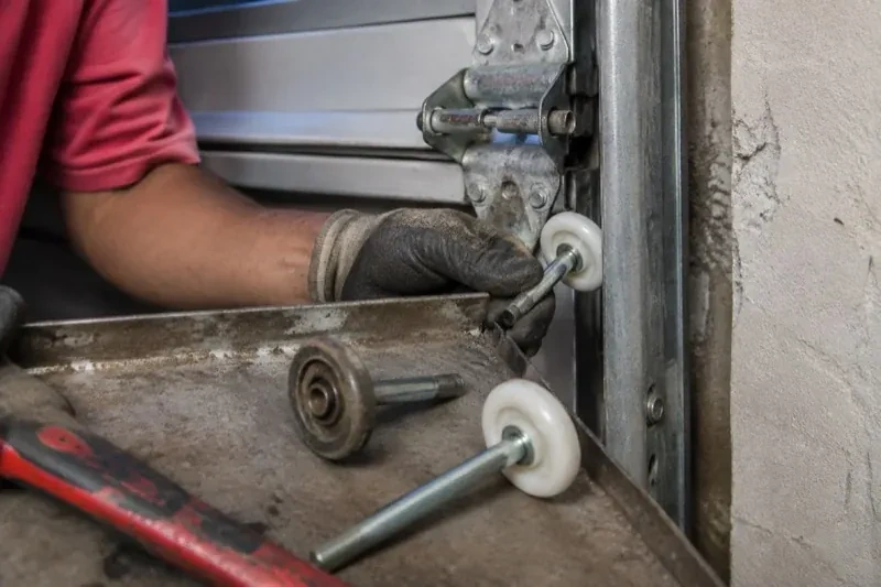 Gloved hand holding a white garage-door roller beside its track, with two loose rollers and a red tool on a tray. — Garage Door Roller Replacement, Oshawa