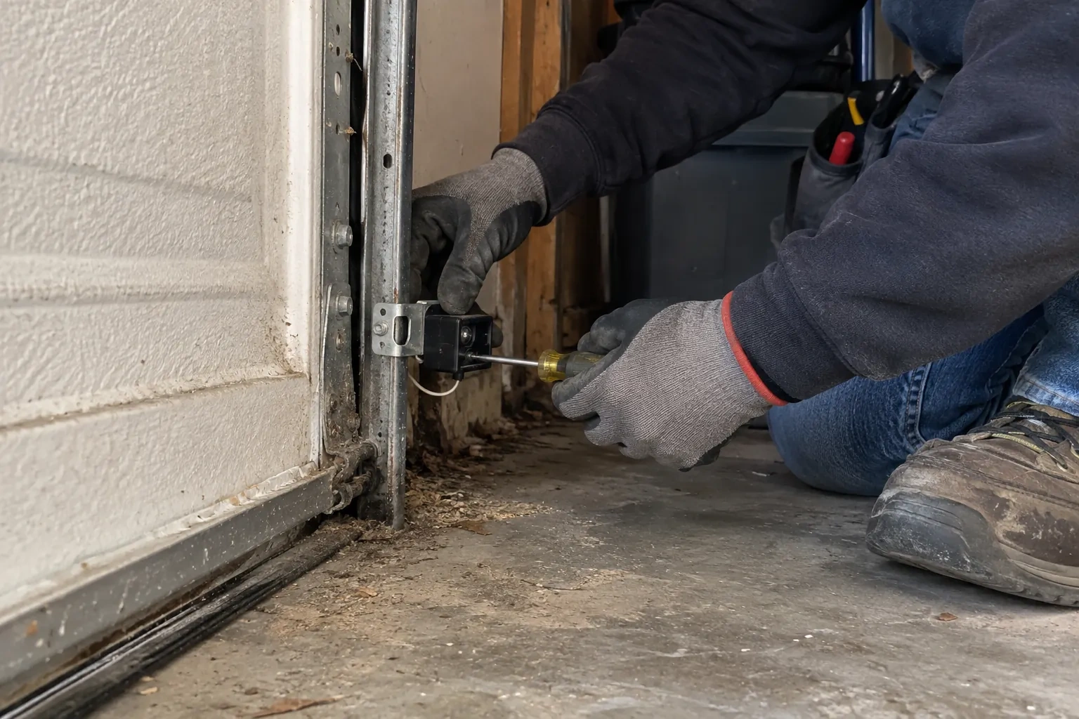 Gloved hands using a yellow-handled screwdriver to fasten a small black sensor to a vertical metal track beside a white door panel. — Photo-Eye Sensor Alignment or Replacement, Oshawa