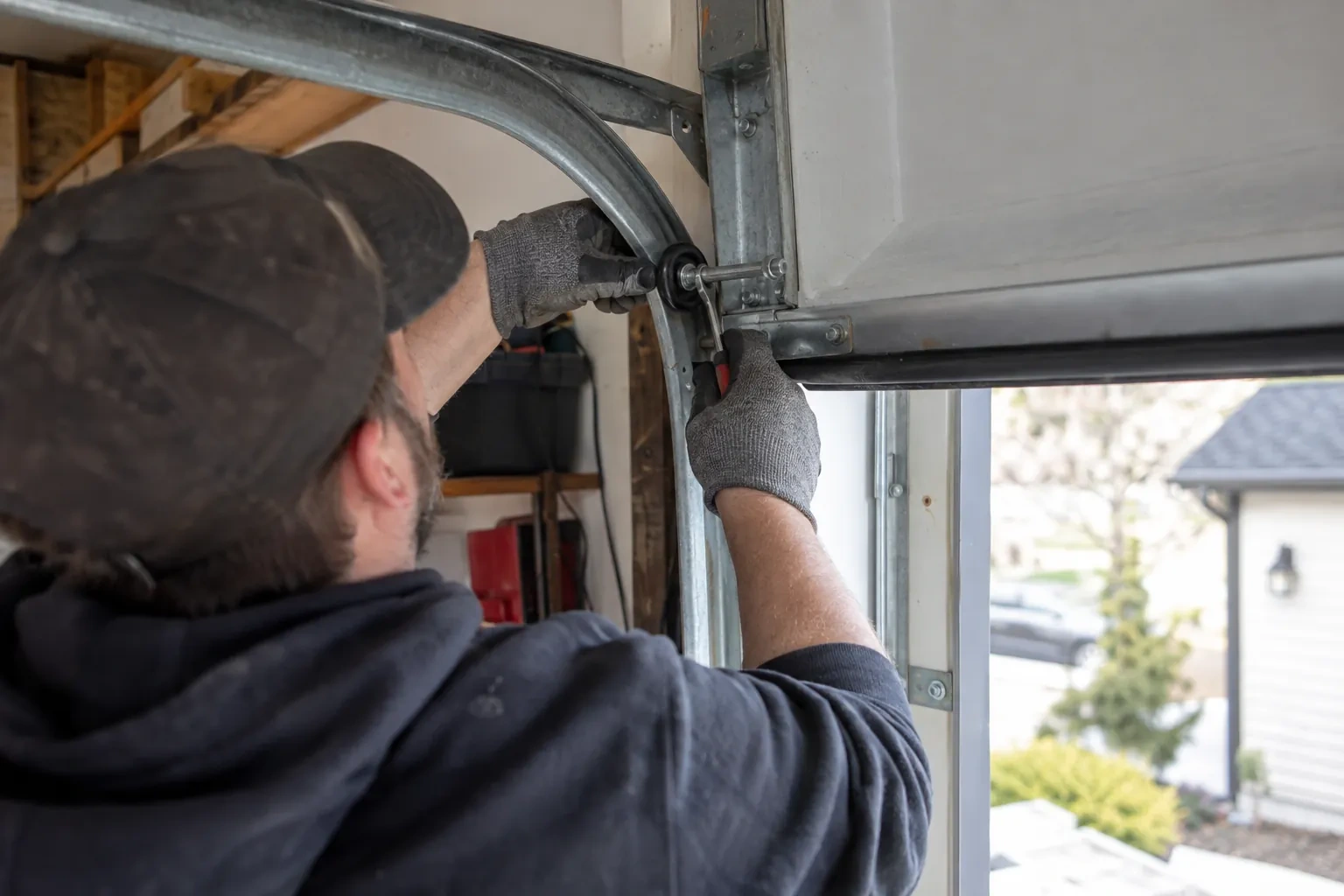 Technician in gray gloves holding a red-handled tool at a black roller on the curved door track, under a white door panel.