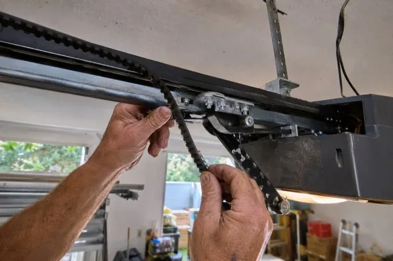 Hands holding a loose toothed belt beside the rail and trolley of an overhead garage-door opener. — Belt-Drive Opener Repair, Oshawa