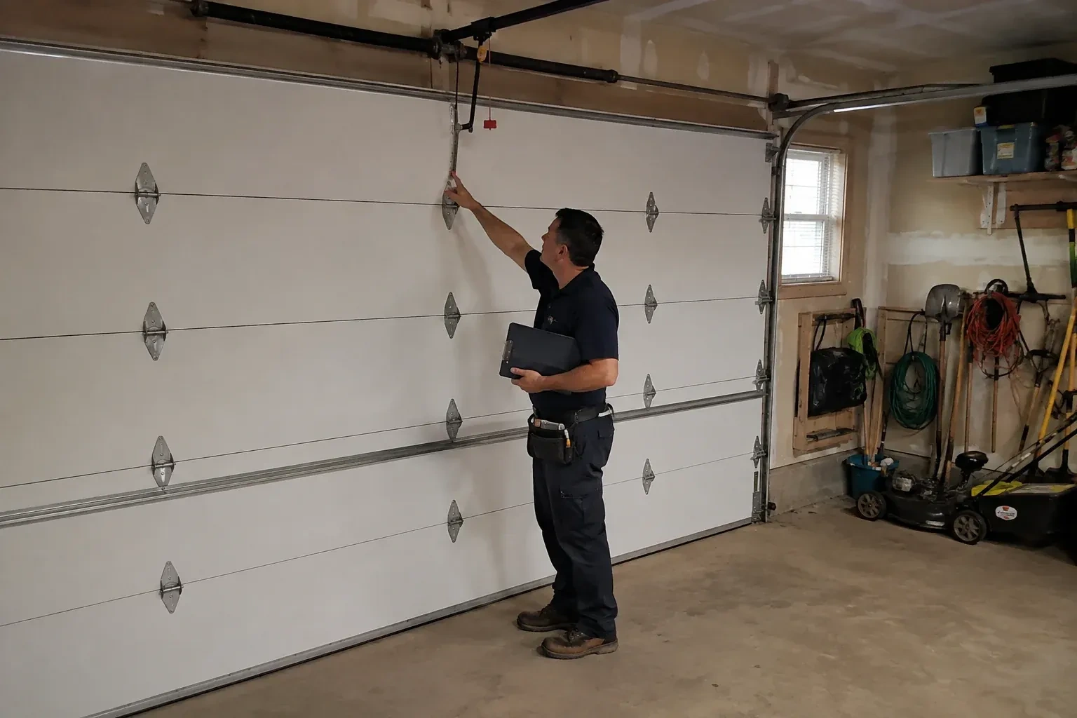A person holding a clipboard examines the interior hardware of a closed garage door. — Garage Door Tune-Up, Oshawa