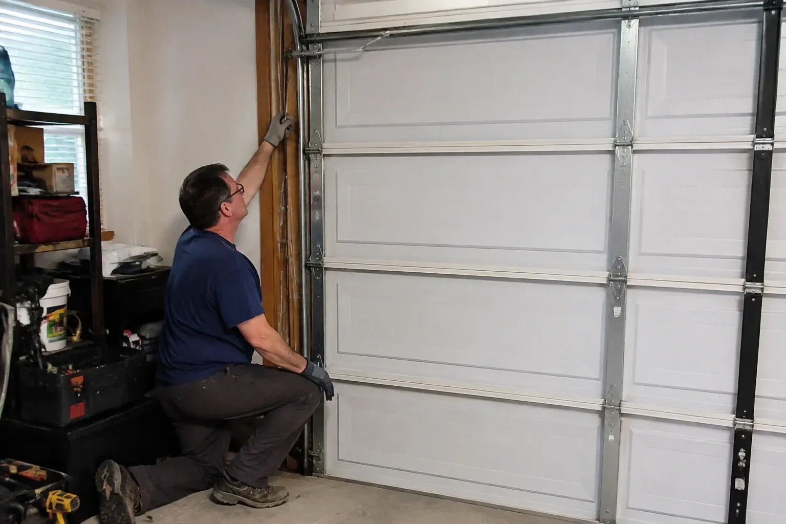 Person kneeling inside a garage reaching up along the vertical track of a white paneled door, with a toolbox and drill nearby. — Garage Door Cable Replacement, Oshawa