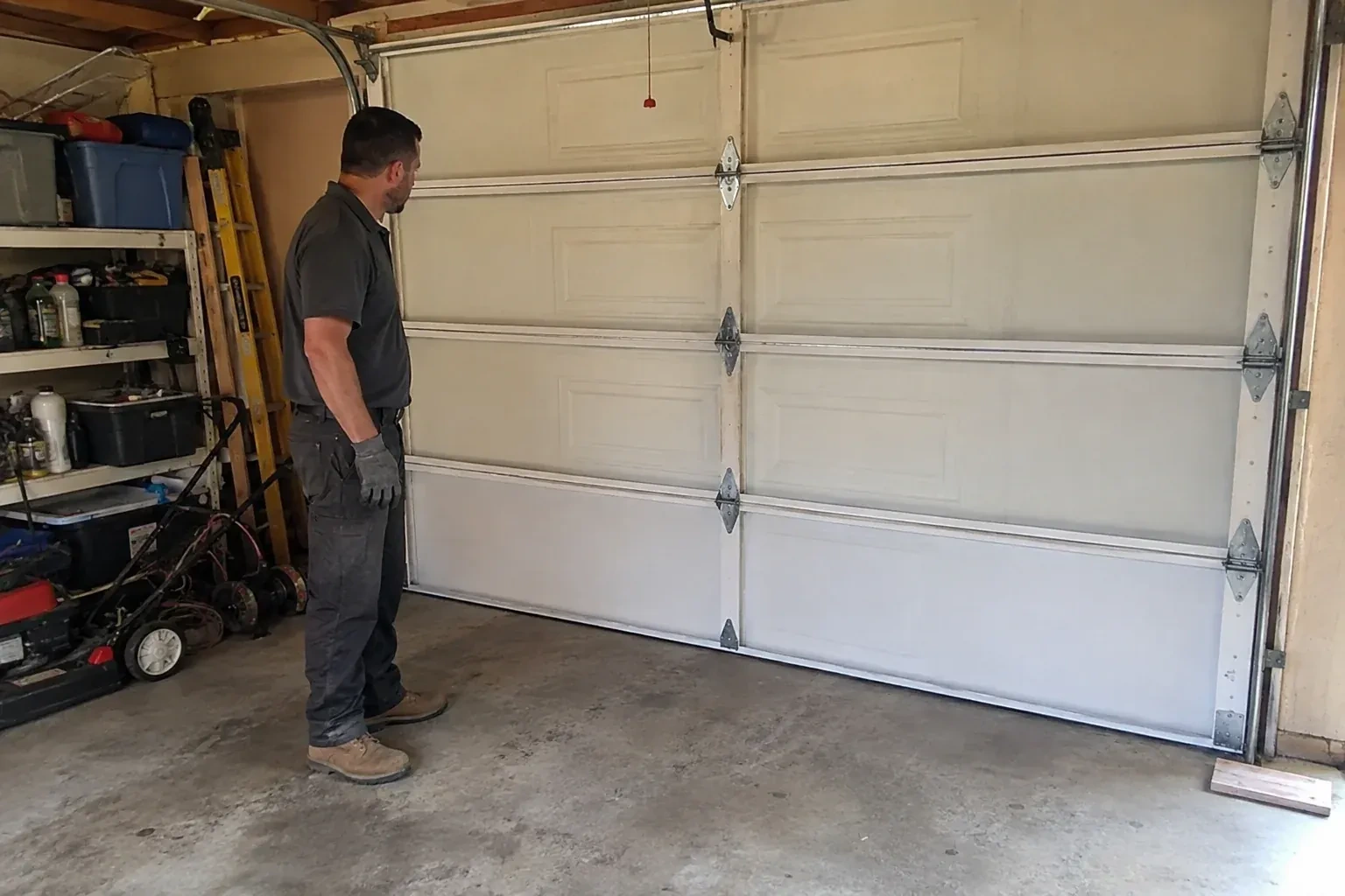 A person examines the interior panels and hinges of a closed sectional garage door. — Garage Door Panel Replacement, Oshawa