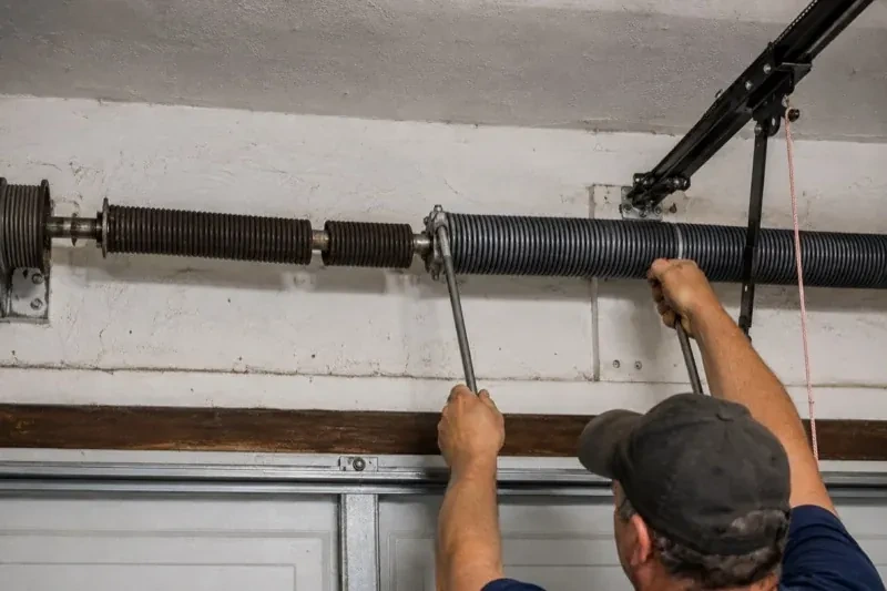 Person holding metal bars beside exposed coiled springs above a garage door. — Torsion Spring Replacement, Oshawa
