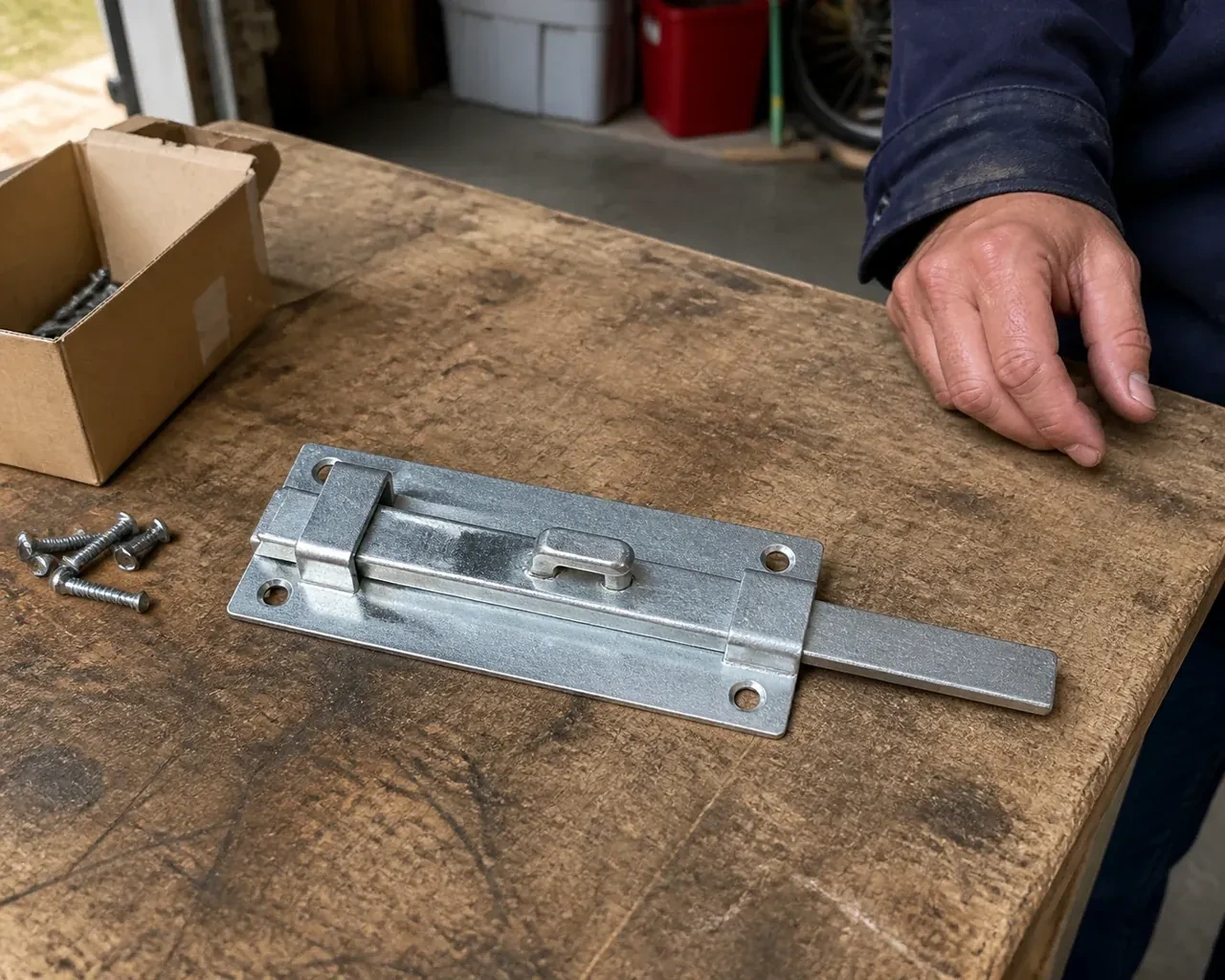 A detached metal slide bolt with mounting holes and retaining guides rests beside screws on a workbench. — Garage Door Manual Lock Repair, Oshawa