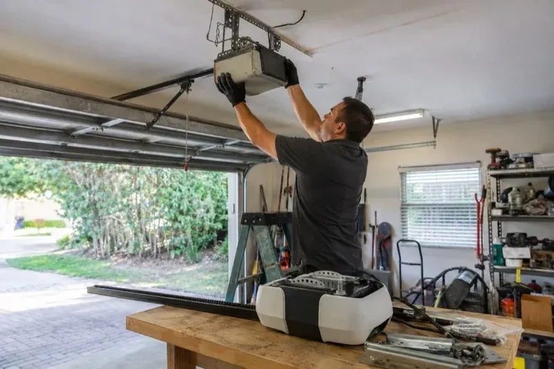 Person holding an overhead garage-door opener beside another opener and hardware on a workbench — Garage Door Opener Replacement, Oshawa