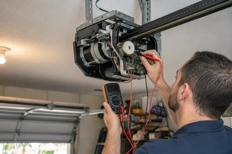 Person holding a multimeter and a red probe near the exposed circuit board of an overhead garage-door opener. — Garage Door Opener Diagnosis and Repair, Oshawa