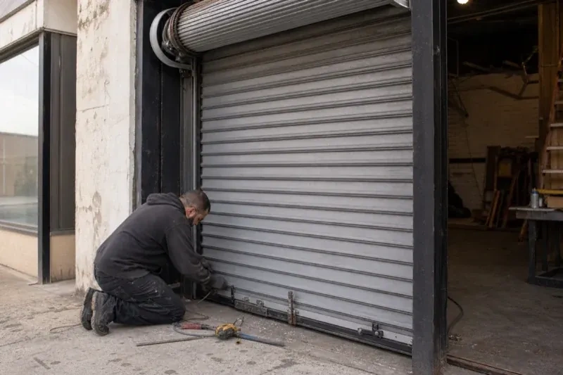 Person kneeling beside the bottom of a metal rolling door with tools on the ground — Commercial Rolling Door Repair, Oshawa