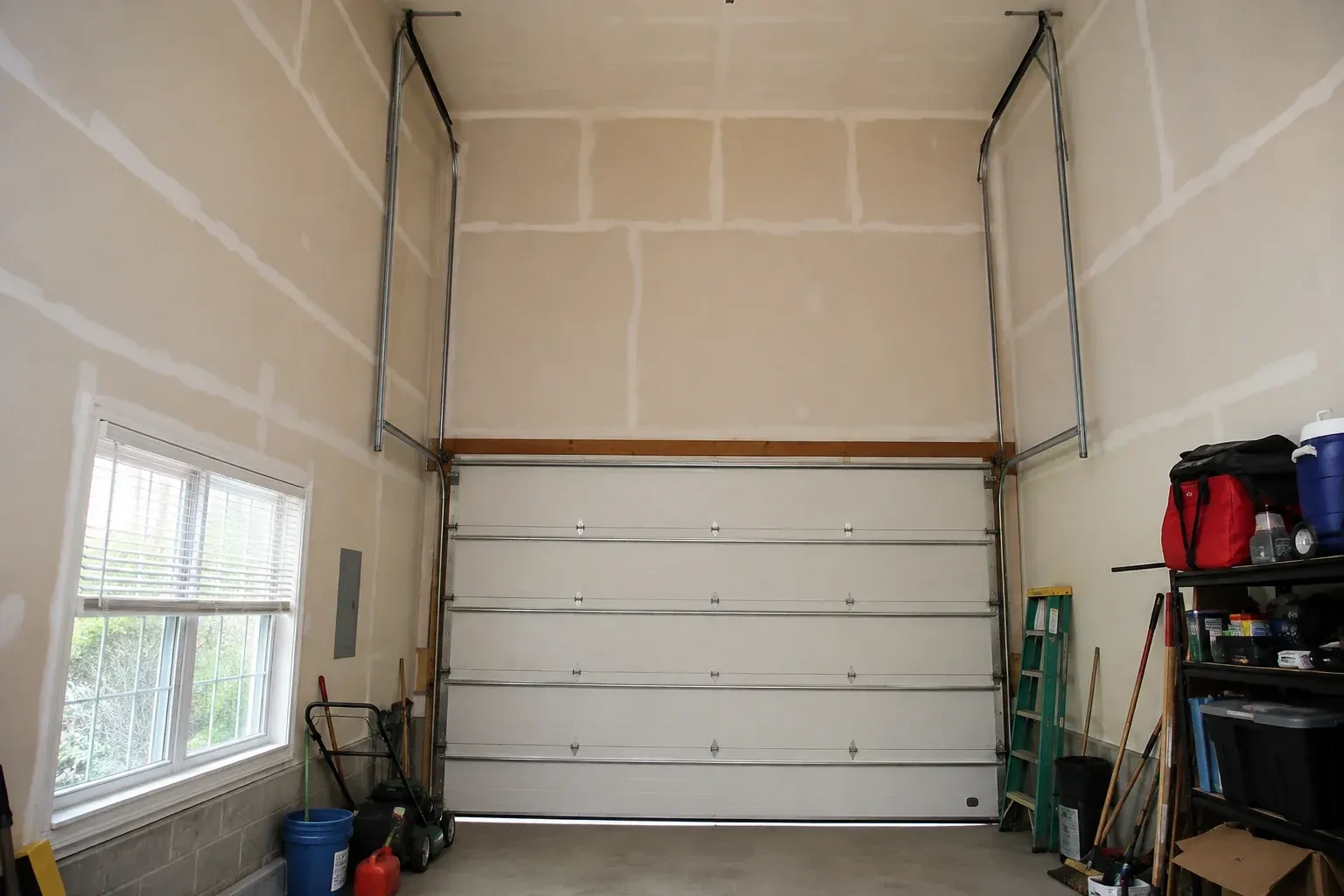 Tall garage interior with a sectional door and tracks extending into overhead space. — High-Lift Garage Door Conversion, Oshawa