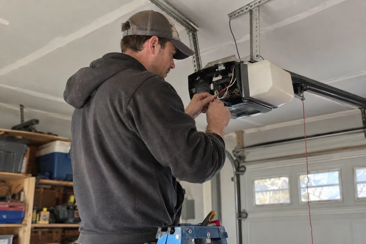 Technician in a cap on a blue ladder, connecting thin red and white wires inside an opened ceiling-mounted garage-door opener.