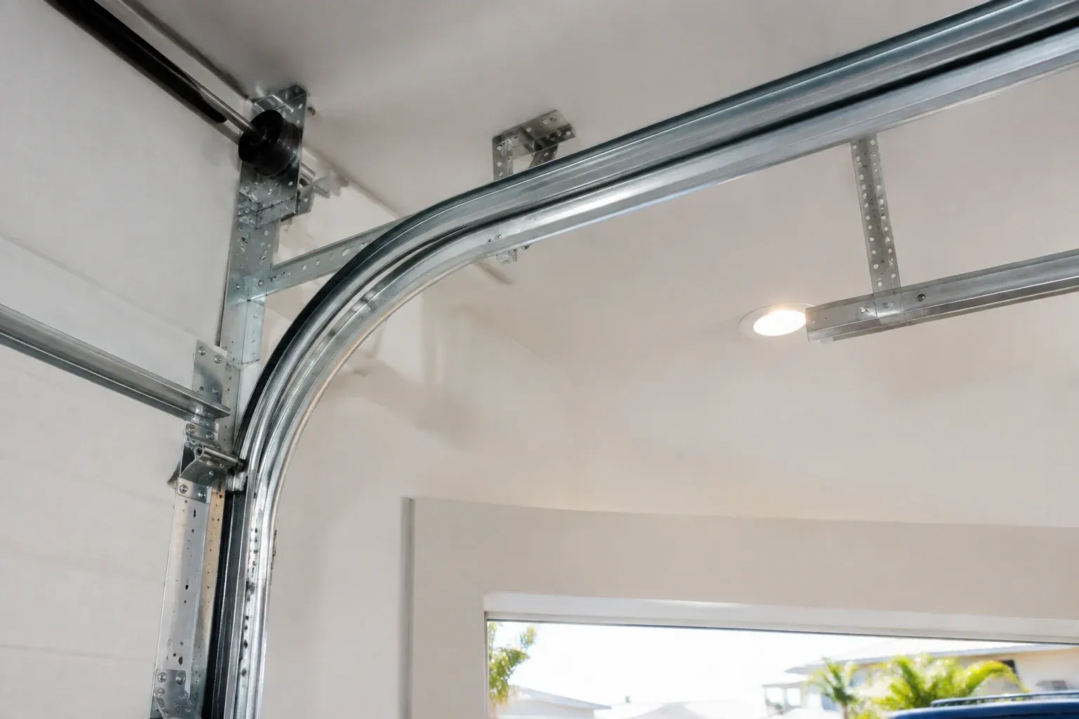Curved galvanized steel track bending from the vertical door track into the ceiling, with perforated brackets and a recessed light. — Garage Door Track Repair or Replacement, Oshawa