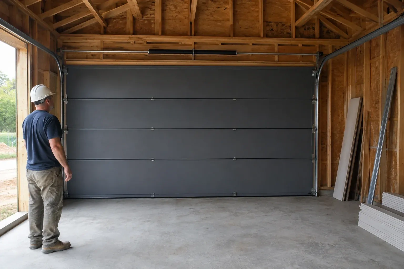 A person wearing a hard hat stands beside a dark sectional door in an unfinished timber-framed garage. — New-Construction Garage Door Installation, Oshawa