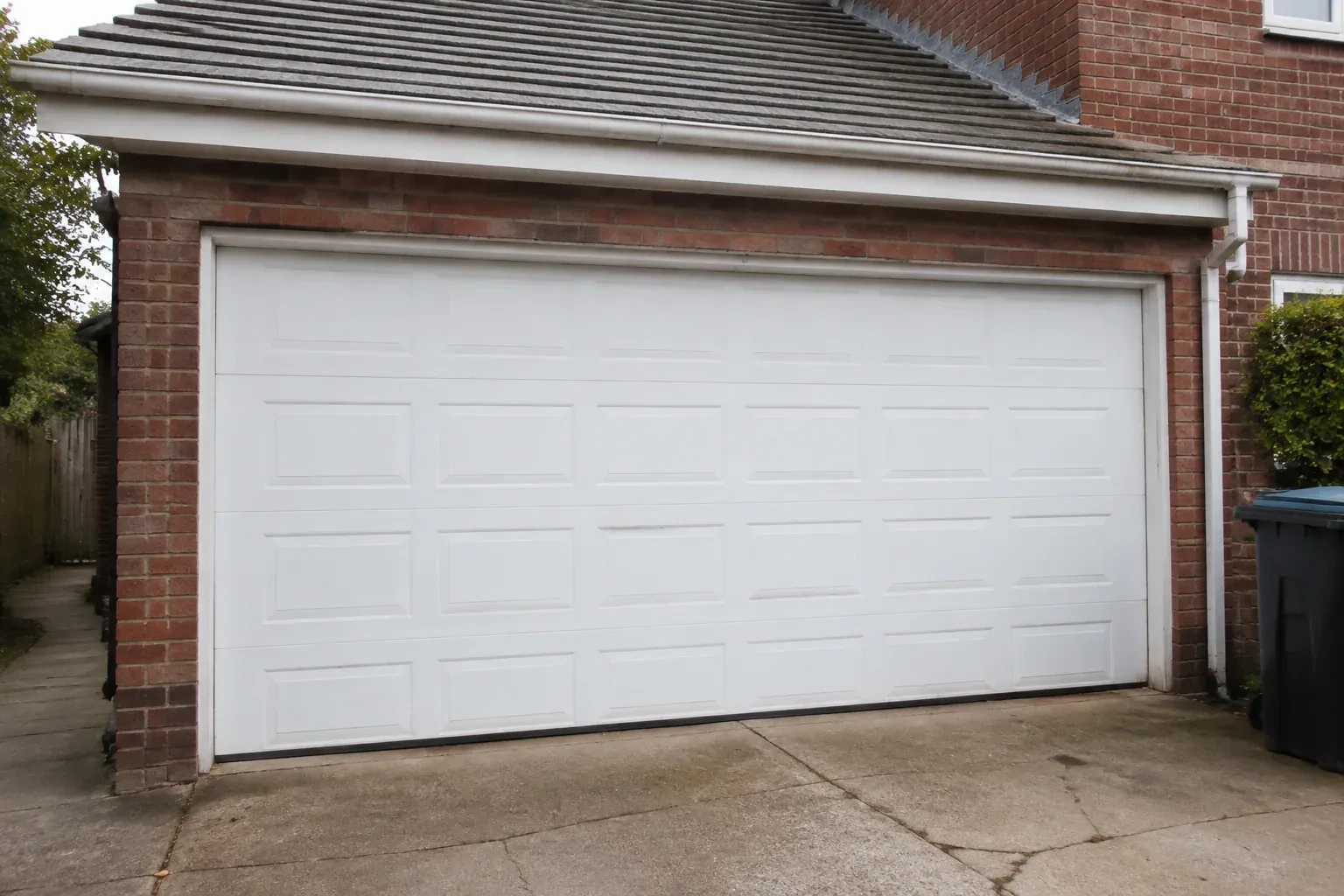 Closed white sectional garage door at an ordinary brick house. — Sectional Garage Door Replacement, Oshawa