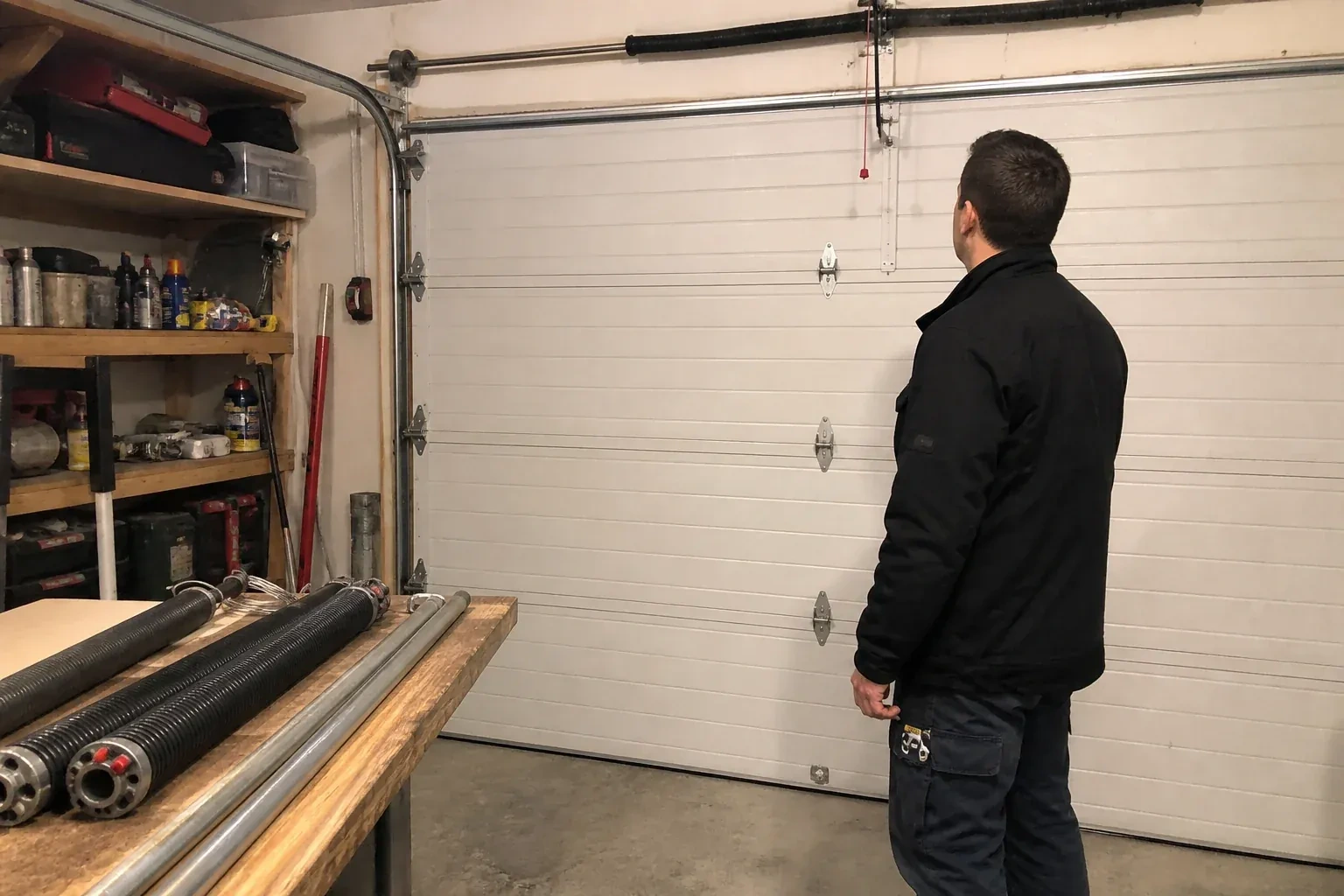 Person in a jacket facing a closed white sectional door, with coiled springs and steel tubes on a wooden bench. — Extension Spring Replacement, Oshawa